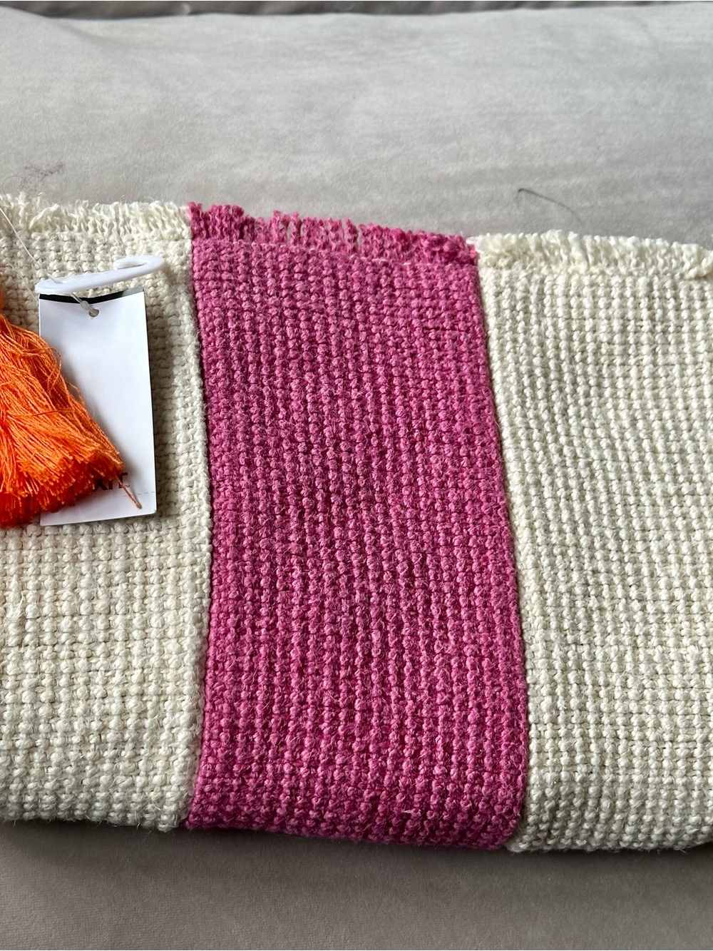 MIXIT Jute Cream And Pink Clutch Or Makeup Bag Orange Tassel Brand New